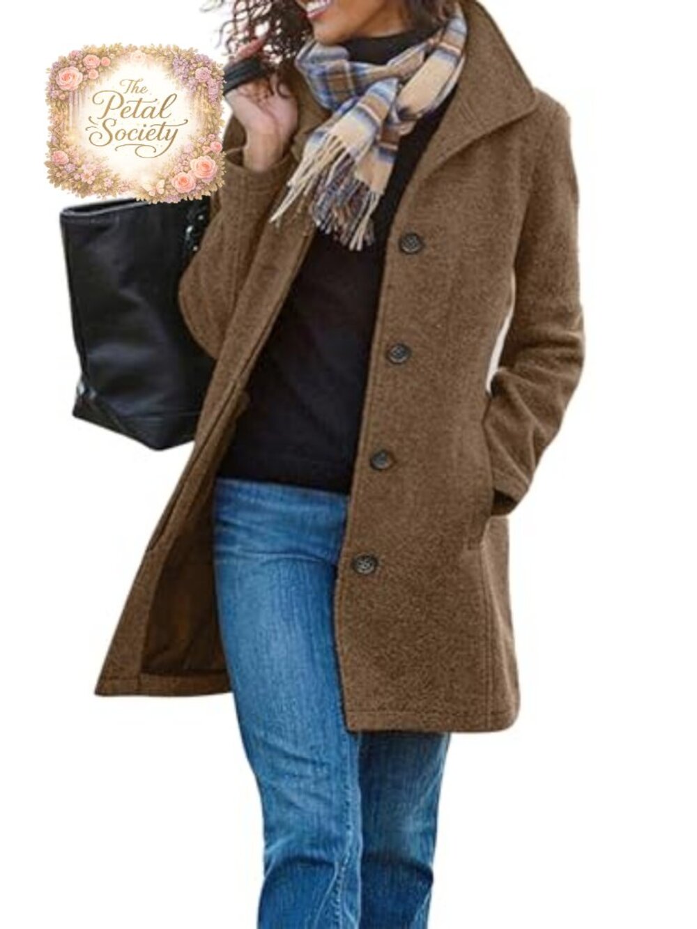 Wool Blend Pea Coat Stand Collar Single Breasted Midi Winter Outerwear